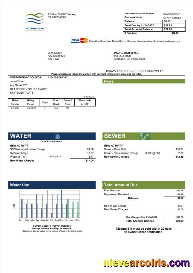 USA California Padredam utility bill